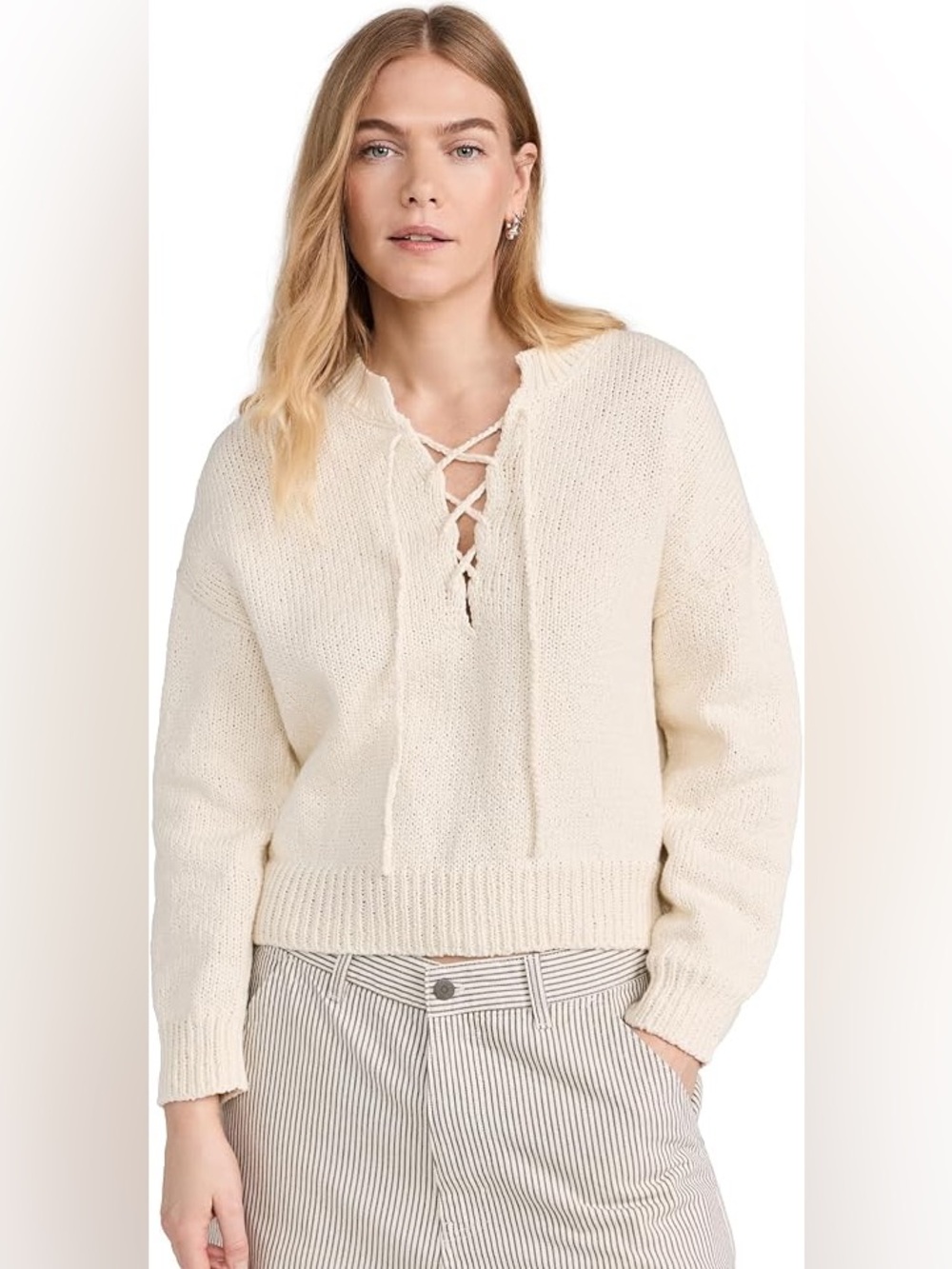 The GREAT lace up pullover mid weight cotton sweater size small BONE COLOR